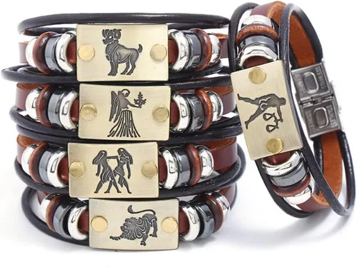 Vista 2 de Pulsera de cuero con 12 constelaciones, de acero inoxidable, estilo retro, para mujeres, hombres, pareja