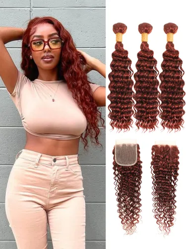 Vista 13 de Cabello Humano Rizado Castaño Rojizo, Trama Gruesa Castaño Cobrizo Rojo Coloreado Ondas Profundas Paquetes Individuales Cabello Humano 12A Tejido