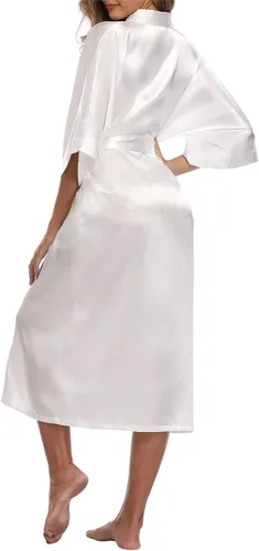 Vista 3 de Bata larga de satén para mujer, bata de baño tipo kimono para novia, damas de honor, ropa de dormir con bolsillos