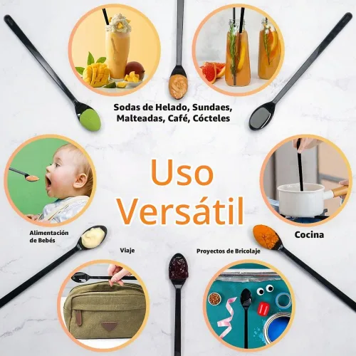 Vista 4 de Cucharas largas de plástico – 9 pulgadas – Cuchara de mango largo resistente para agitar, cucharas de café negro – Espresso, cuchara de té helado