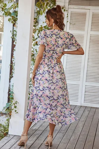 Vista 4 de PRETTYGARDEN - Vestido floral para mujer estilo bohemio, cruzado, con cuello en V, manga corta, con cinturón, dobladillo con volantes, acampanado