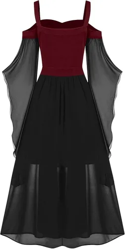 Vista 3 de Vestido gótico para mujer, vestidos de hombros descubiertos de Halloween, talla grande, vestido de manga acampanada, vestido medieval sexy