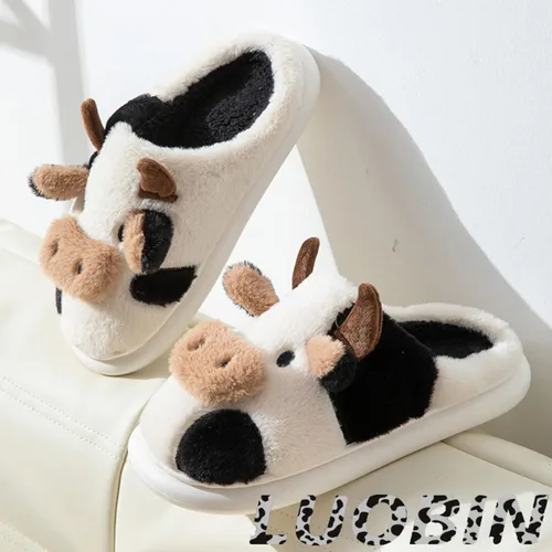 Vista 2 de LUOBIN Zapatillas de vaca de dibujos animados zapatillas de invierno para interiores y exteriores para hombres y mujeres