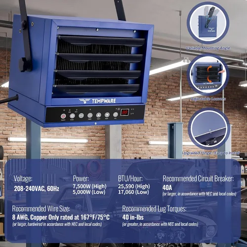 Vista 3 de TEMPWARE Calentador eléctrico de garaje de 7500 W con control de aplicación Control remoto azul y control por aplicación