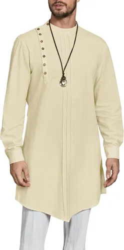 Vista 7 de Kaftan Thobe - Bata de manga larga para hombre, casual, algodón, lino, con botones, camisa musulmana Blanco