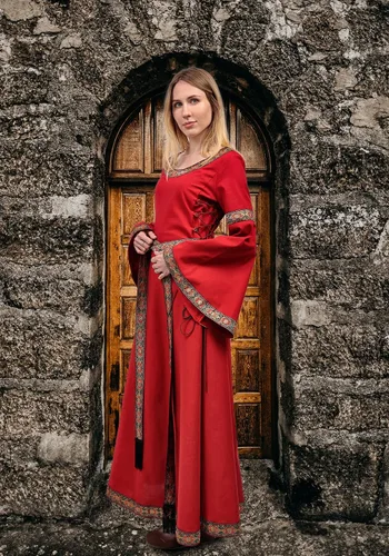 Vista 6 de KUOIN Women's Renaissance Embroidered Dress, Long Sleeve Lace-up Viking Queen Cosplay Costume with Belt for Wedding Prom