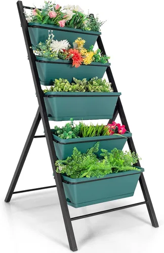 Vista 11 de Giantex Maceta vertical elevada, camas de jardín elevadas con orificio de drenaje de agua, cajas independientes de 5 contenedores para cultivo