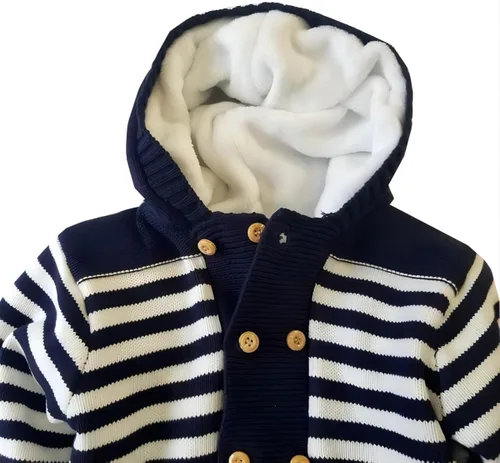 Vista 6 de Suéter de punto a rayas con capucha para niños y niñas, abrigo de invierno para bebés, Coral