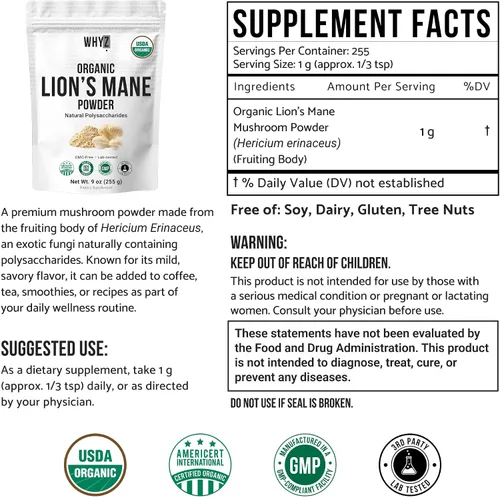 Vista 2 de Polvo orgánico de hongo de melena de león en polvo para cuerpo fructífero, superalimento liofilizado, polisacáridos naturales sin sabor