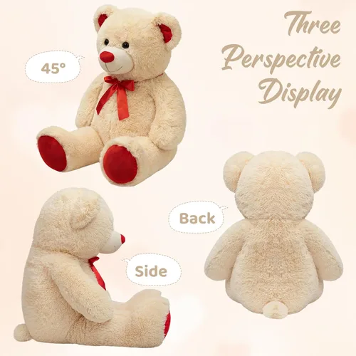 Vista 6 de Enorme Oso de Peluche Animal de Peluche Oso de Peluche Gigante con Lazo de Cinta Roja Juguete de Peluche de Día Regalo para Novia y Niños 36 Beige