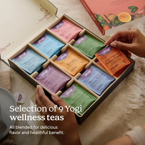Vista 6 de Yogi Caja de regalo de muestra de té orgánico (45 bolsas de té), surtido de deliciosas mezclas de bienestar, 9 variedades favoritas de hierbas