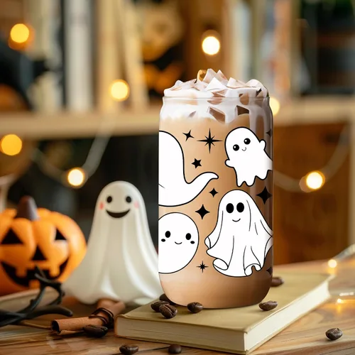 Vista 9 de Coolife Taza fantasma de Halloween, vaso de vidrio de 16 onzas con tapas y pajitas, taza de café helado espeluznante para batidos, bonitos regalos