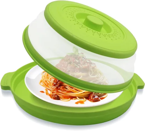Vista 8 de Cubierta de alimentos para microondas con asa – Protector de salpicaduras de silicona plegable y ventilado con bandeja – Para microondas