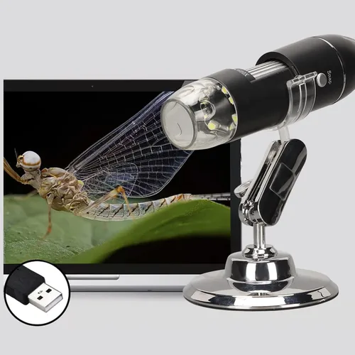 Vista 6 de Microscopio digital USB 50X a 1600X, cámara endoscopio de aumento con 8 LED, microscopio portátil de mano con soporte para Android