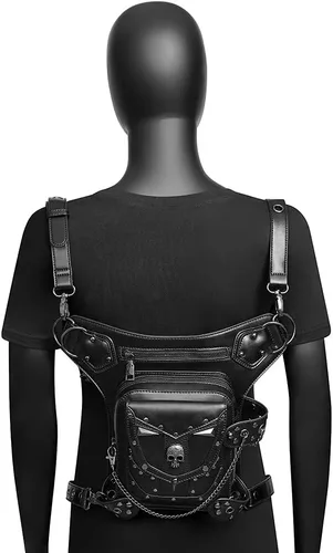 Vista 3 de Steampunk - Riñonera de piel gótica con diseño de calavera bandolera cruzada con hombros y muslos y caderas para mujeres y hombres WP-BG097BK