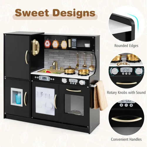 Vista 5 de Costzon Juego de cocina para niños, juego de juguetes de cocina de madera con sonido real, pizarra grande, teléfono, microondas, máquina de hielo