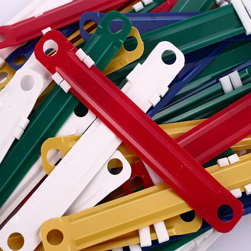 Vista 7 de 100 sujetadores de papel de plástico coloridos sujetadores de archivos de documentos de plástico de 2 agujeros, clips de carpeta de papel