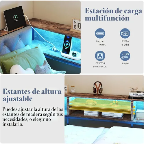 Vista 6 de Doltoro Marco de Cama de Esquina Individual con Estantería de Almacenamiento y Luces LED, Cama Diván Tamaño Individual con 2 Cajones de Gris