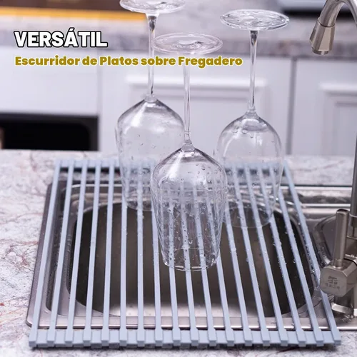 Vista 3 de Escurridor de platos enrollable multiusos de acero inoxidable recubierto de silicona sobre el fregadero, 17.2"X12.2", resistente al calor