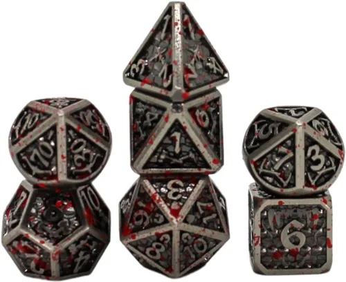 Vista 15 de Juego de dados de metal con escamas de dragón en color negro con caja de exhibición, perfecto para juegos, equilibrio adecuado y distribución