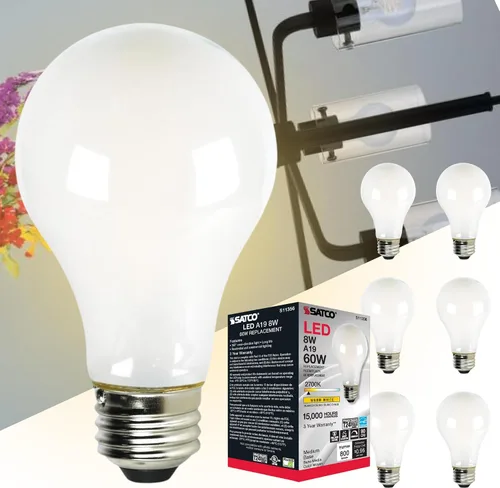 Vista 11 de Satco Bombilla LED A19 de 8 W, 2700 K, blanco suave, 800 lúmenes, base media E26, regulable, haz de 320 grados, accesorio cerrado nominal de 120 V