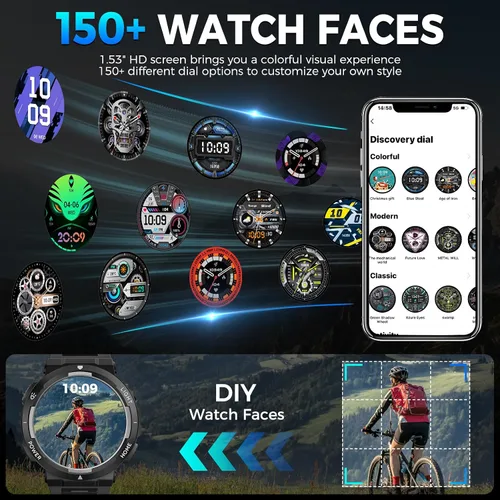 Vista 8 de Reloj inteligente militar para hombre (respuesta/hacer llamadas), reloj inteligente resistente con linterna LED, resistente al agua de 3 ATM