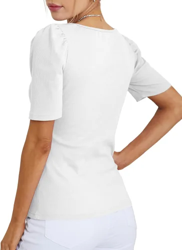 Vista 2 de LYANER Camiseta de punto de manga corta abombada con cuello en V cuadrado para mujer