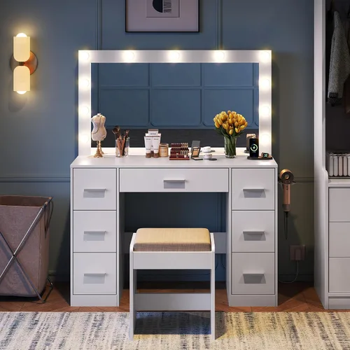 Vista 6 de WLIVE Escritorio de tocador con estación de carga, mesa de maquillaje con espejo iluminado y brillo ajustable, tocador blanco con 7 cajones