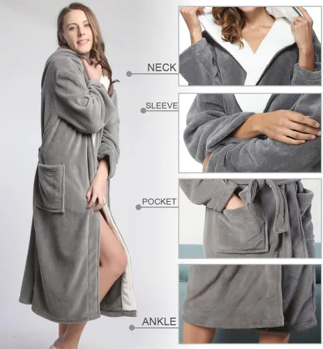 Vista 4 de Bata de baño tipo kimono largo con capucha para mujer, diseño de espiga, cómodo camisón cálido de longitud completa