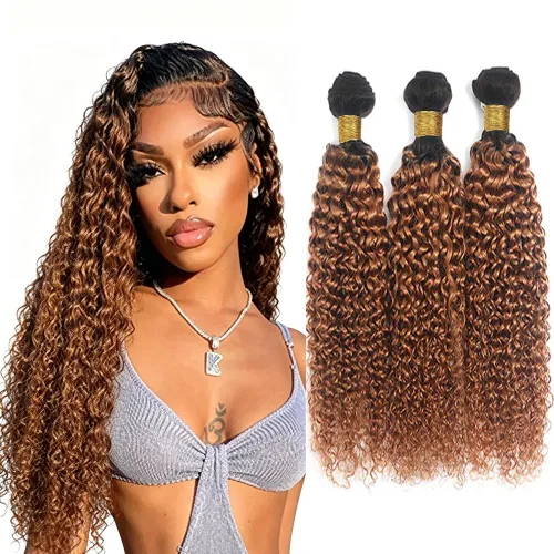 Vista 148 de P4613 Cabello humano rizado onda profunda marrón y paquetes mixtos 8 10 12 P4613 Ombre Marrón-Rubio-DP
