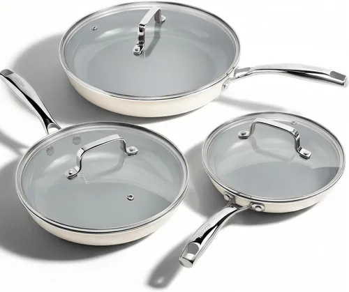 Vista 8 de Kikcoin - Juego de sartenes de cerámica antiadherentes - 3 tamaños, sartenes para tortilla para una cocina saludable, 8+9.5+11 pulgadas, con asa