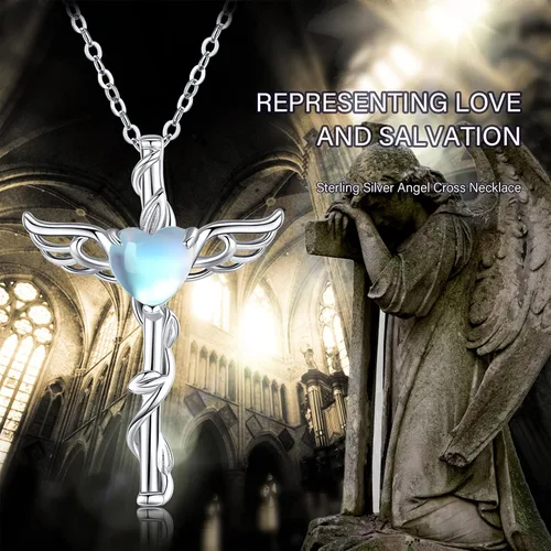 Vista 7 de Angel Necklace 925 Sterling Silver OpalMoonstoneBlue Crystal Angel Wings Cross Urn Pendant Necklace Hypoallergenic Moonstone Angel Cross Pendant