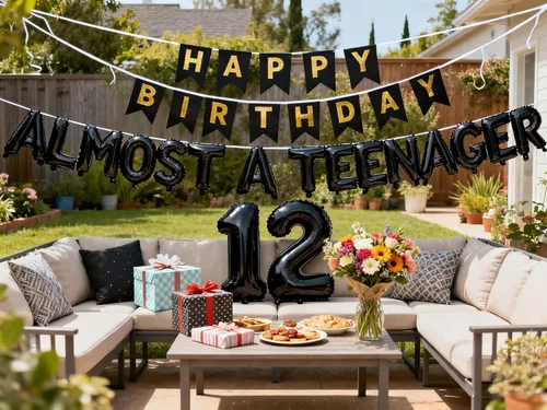 Vista 2 de Decoraciones de cumpleaños número 12 para niños, globos de aluminio con el número 12 de la frase "Almost a teenager", suministros de aniversario