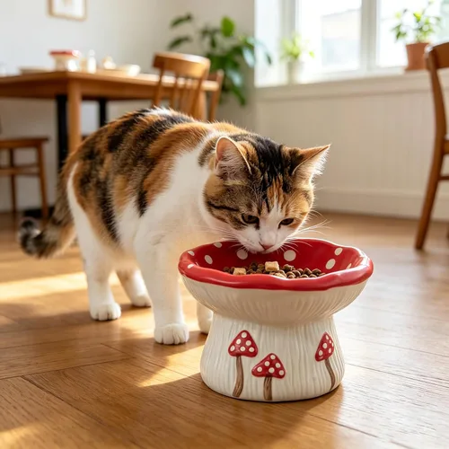 Vista 7 de Cuenco elevado del gato del alimentador lento, hongo lindo de cerámica