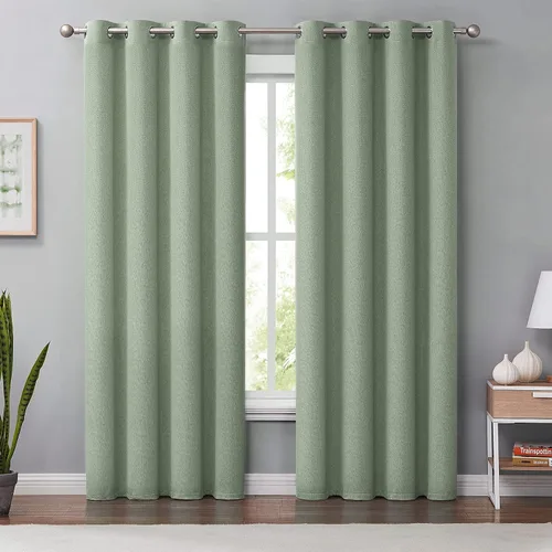Vista 7 de Melodieux Cortinas opacas de lino verde de 84 pulgadas de largo para dormitorio, sala de estar, arpillera rústica, aislamiento térmico, cortinas