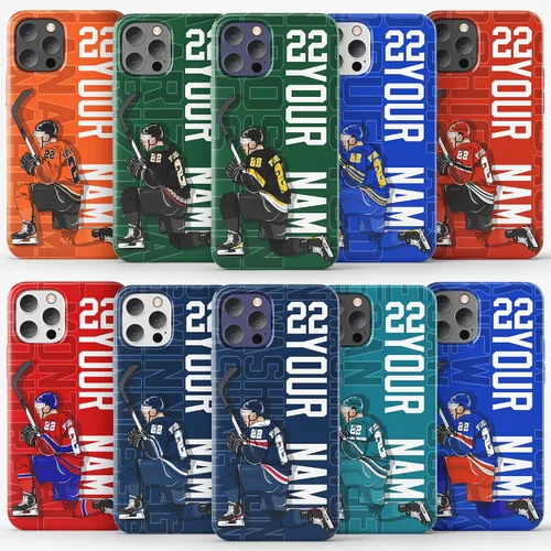 Vista 12 de Funda protectora personalizada con nombre y número de jugador de arte de hockey sobre hielo, compatible con iPhone 16, 15, 14, 12, 13, 11 X, XR, XS