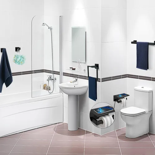 Vista 2 de Juego de 5 piezas de accesorios de ferretería para baño en negro mate, juego de toalleros cuadrados de 16 pulgadas para baño, juego de barras