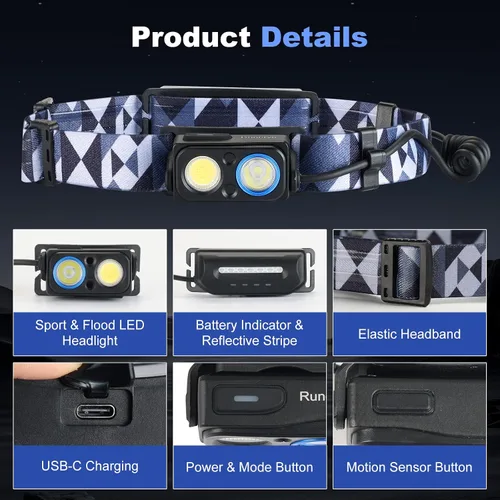 Vista 7 de Linterna frontal LED recargable, 1000 lm con sensor de movimiento, foco e reflector, inclinación de 90°, batería reflectante, IPX4 impermeable