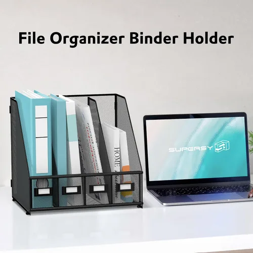 Vista 2 de SUPEASY Organizador de escritorio para revistas, soporte de carpetas de metal con 4 compartimentos de estante, organizador de archivos para oficina