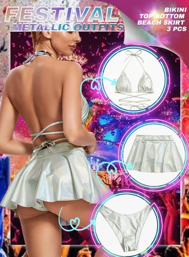 Vista 3 de Trajes de rave para mujer EDC Sexy Festival de Música Metálica Holográfica Bikini Top Bottom Beach Skirt 3 piezas