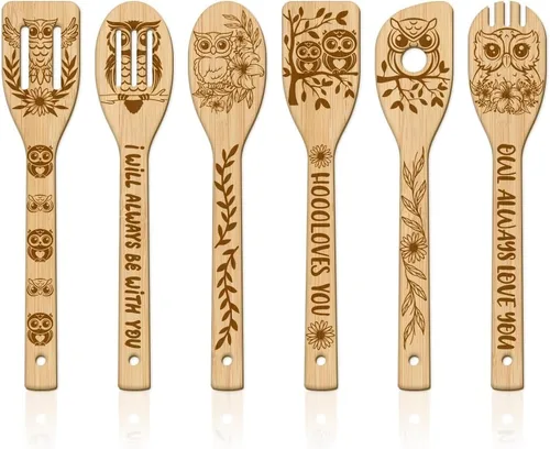 Vista 10 de GLOBLELAND Juego de 6 cucharas de madera de alpaca, lindo animal tallado de bambú, utensilios de cocina para mujeres y hombres, juego de espátulas