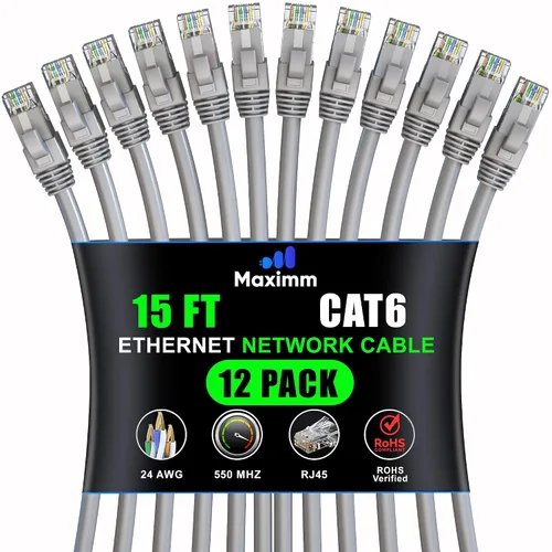 Vista 58 de Maximm Cable Ethernet Cat6 de 7 pies, 10 Gbps 550 MHz, negro, paquete de 12