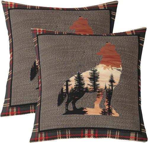 Vista 34 de Erosebridal Juego de 2 fundas de almohada occidentales de 16 x 16 pulgadas, fundas de almohada cuadradas decorativas de cuadrícula marrón retro