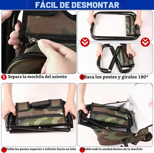 Vista 5 de Kikerike Mochila plegable con aislamiento, silla plegable para camping, caza, pesca, multifunción con bolsillo frontal y bolsillo para botella