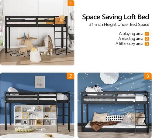 Vista 7 de VINGLI - Cama tipo loft baja de 47'' para junior con escaleras, cama de madera tamaño individual para adultos, niños y adolescentes jóvenes, sin