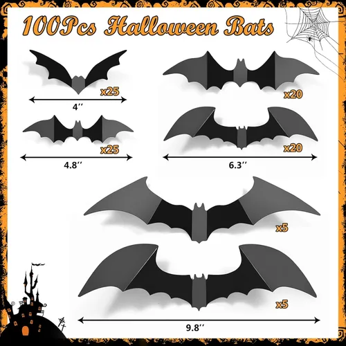 Vista 7 de LUDILO 120 piezas de decoraciones de murciélagos de Halloween, decoraciones de pared de Halloween, calcomanías de pared de PVC 3D, calcomanías