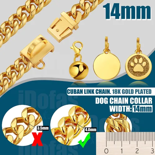 Vista 3 de Collar de cadena para perro, collar de perro de eslabones cubanos de oro de 0.551 in con hebilla a presión, collares de acero inoxidable chapado