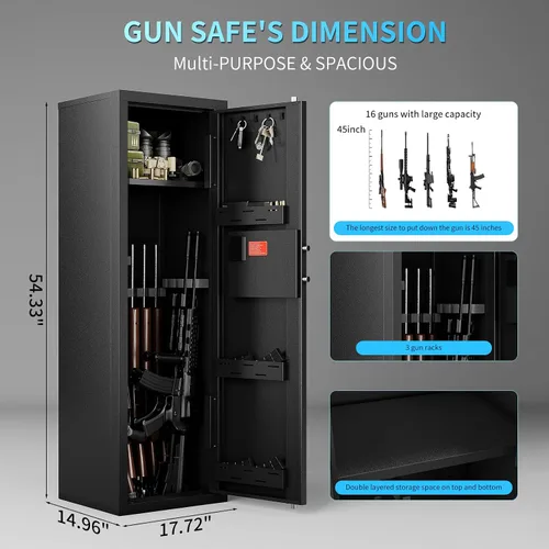 Vista 2 de KAER Caja Fuerte para Armas, Caja Fuerte para 16 Rifles y Pistolas, Caja Fuerte Biométrica de Gran Capacidad para Rifles, Armario para Armas