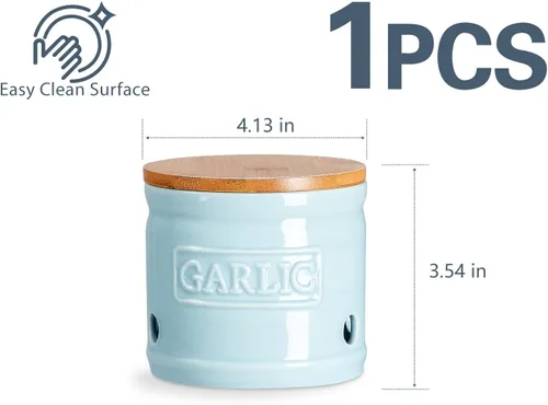 Vista 6 de ONEMORE Soporte de ajo con tapa, recipiente de ajo de cerámica de 4 pulgadas, azul claro