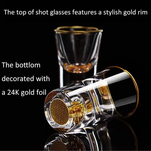 Vista 5 de Juego de 6 vasos de chupito de 0.3 fl oz (0.33 onzas) Shot Cups Decorated with 24K Gold Flakes for Whiskey, Tequila, Vodka, Mini Shot Glass